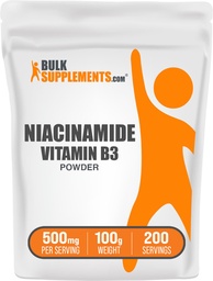 BulkSupplementments.com Niacínamid prášok - vitamín B3 prášok, Niacínamid doplnok, Niatinamid 500 mg - B3 vitamíny pre kožu, bez gluténu, 500 mg na porciu, 100g (3,5 oz) (Pack of 1)