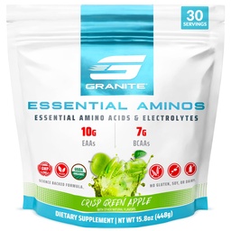 Granite Essential Amino Acides Powder, Green Apple Flavor, s 10g EAA a 7g BCAA, podporuje zotavenie a rast svalovej hmoty, bez sóje, bez lepidla (30 porcií)