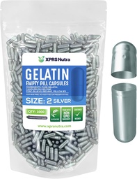 XPRS Nutra Veľkosť 2 prázdne kapsule - 1000 Počet prázdnych želatíny Kapsule - Pilulky DIY Kapsule Plnenie - Pure Bovine Pill Gel Caps pre Do-It-Vaše vlastné doplnky (Silver)