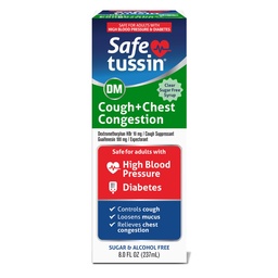 Safetussin DM Kašeľ a kongescia hrudníka, 8 oz, Explorant Mucus Relief, Cough Relief Sirup, bezpečné pre dospelých s vysokým krvným tlakom a cukrovkou