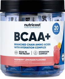 Nutricost BCAA+ Hydračná malinová limonáda (20 Stickpacks) - Aminokyseliny s rozvetveným reťazcom s hydratačným komplexom - bezlepkové, bez GMO