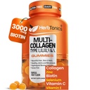 Herbtonics Multi Collagen Gummies s biotínom a vitamínom C, Hydrolyzed Collagen Peptidy Typy I, II, III, V, X pre vlasy, kožu, nechty, & Bony Support - Tropical Flavor, 60 Gummies