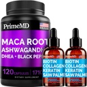 4-in-1 Liquid Biotin Collagen Keratin Saw Palmetto kvapky (2 fl oz - 2 balenia) & 6-in-1 Maca Root Ashwagandha w Black Pepper Fruit (120ct) Bundle - vlasy, koža, nechty, Energia a Mood Suplement