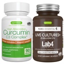 Živé kultúry+ Lab4 Probiotiká + vysoká absorpcia Curcumin C3 Complex Vegan Bundle, 25 miliárd CFU Probiotiká, Nekrvácajúce Prebiotiká + 300% Väčšia absorpcia Curcuminoidy s rýchlym vychytávaním, Igennus