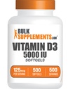 BulkSupplements.com Vitamín D3 5000IU Softgels - cholekalciferol, D3 Supplement, Vitamín D 5000 IU - 1 Vitamín D3 Softgel (125mcg vitamínu D) na porciu, 500 g (Pack of 1)