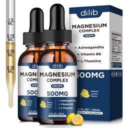 (2 balenia) Magnézium Glycinát, Citrát, Malátne kvapalné kvapky Triple Magnézium Complex Doplnok 500 mg s Ashwagandha, L-teanín, Vitamín B6-Podpora Pokoj, Zmiernenie stresu, Spánok, Svalová citrónová príchuť