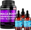 4-in-1 Liquid Biotin Collagen Keratin Saw Palmetto kvapky (2 fl oz - 3 balenia) & 6-in-1 Maca Root Ashwagandha w Black Pepper Fruit (120ct) Bundle - vlasy, koža, nechty, Energia a Mood Suplement