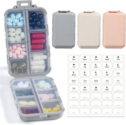 LANDNEOO 14 Grids Organizátor box s etiketami, Travel Mediciation Holder Dispenser Case Kit, Pocket Daily Pharmacy Container for Fish Oil Vitamín Supplement Storage, Khaki Pink Grey, 3 balenie