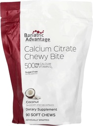 Bariatrická výhoda Vápnik Citrát Chewy Bites 500 mg - Vysoko absorpčné a dispergovateľné - Vitamín D3 - Ľahko žuvateľné kalcium doplnok - Kokosová príchuť - 90 Počet