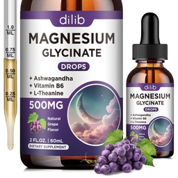 Glycinát horečnatý Tekuté kvapky 500mg, s vitamínom B6, Ashwagandha, L - teanín, harmanček, horčík Glycinát Supplement Vysoká absorpcia pre spánok, stres, energia, Mood - Hroznová aróma, 2 FL.OZ