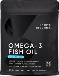 Športový výskum Triple sila Omega 3 Rybí olej - Burpless Fish Oil Supplement w/EPA & DHA Mastné kyseliny z divokej Aljašky Pollock - srdce, mozog a imunitná podpora pre mužov a ženy - 1250 mg, 240 ct