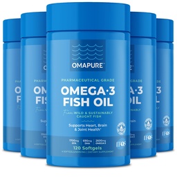 Rybí olej Doplnky s Omega 3 mastné kyseliny (5 fľaša, 120 Softgels) - Vysoká EPA, DHA, a IFOS Rybí olej Tabletky Podpora srdce a spoločné zdravie - Burpless Rybí olej podporuje funkciu mozgu
