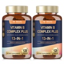 13-v-1 vitamín B komplex Plus s vitamínom B1, B2, B3 (Niacín), B4, B5, B6, B7 (Biotín), B8 (Inozitol), B9 (Folát), B12, C, D3, K2 pre energiu, Nerve, Immune, koža - 120 Caps per fľašu - 2 fľaše