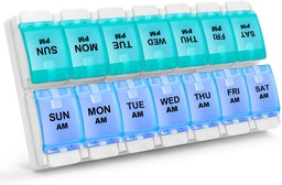 Sukuos AM Týždenná 7-dňová pilulka Organizátor, 2 krát denne pilulka s artritídou priateľsky tlačítko, lieky pre vitamín / Fish olej / Doplnky, ľahko čistiť (Cyan&Blue)