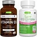 Vegánsky vitamín D3 + Super B12 Complex, Vegan Bundle, 365 1000iu vitamín D3 tablety + vysoká absorpcia Sublingválne B12, podľa Igennus