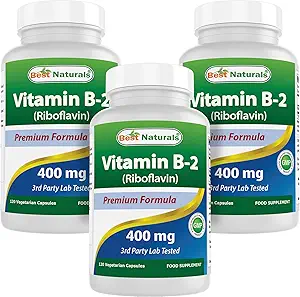Najlepšie prírodné vitamín B2 (Riboflavín) 400mg - Migraine Relief - Veggie Capsules - Conezyme Precursor - 120 Počet (120 Počet (Stock of 3))