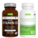 Denné vitamíny D3 + Ashwagandha+ L-theanín a horčík Vegetarian Bundle, 365 2000iu vitamín D3 tablety + 600 mg KSM-66 Ashwagandha s vitamínmi zinku a B, Igennus