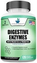 Digestive Enzymes Plus Probiotiká a prebiotiká, 120 Veggie Capsules, For Digestion With Amyláza, Bromelain, Papain, Lipase, Laktáza, Protease, Papain, Cellulase, Vegan & Gluten Free, 2 mesiace dodávky