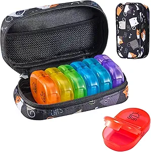Serfeymi Travel Pill Organizátor 2 Časy A deň AM Upgrade Rainbow Pill Box 7 Deň s prenosným Zipper Canvas Pill prípad, Medicína Organizátor pre pilulky, Vitamíny, Rybie oleje - čierna 02