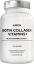 Amen Biotin Collagen Vitamíny+ 10 000 mcg Biotin Supplement - Hydrolyzovaný kolagén, Vitamíny C & E, folát, kyselina hyalurónová, keratín, MSM, Saw Palmetto - 3-Mesiac dodávky - non-GMO - 90 kapsúl