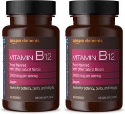 Elementy Vitamín B12 Metylkobalamín 5000 mcg - Normálna výroba energie a metabolizmus, Imunitný systém Podpora - 2 mesiace dodávky, Berry Ochutené Lozenges, 65 Počet (Stock of 2)