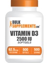 BulkSupplements.com Vitamín D3 2500IU Softgels - cholekalciferol, D3 Supplement, Vitamín D 2500 IU - 1 Vitamín D3 Softgel (62, 5mcg vitamínu D) na porciu, 500 g (Pack of 1)