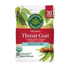 Tradičné lieky Throat Coat Organic Cough Drops, Eucalyptus Mint s mentolom, Sootes Sore Throats & Relieves Coughs, 30ct.