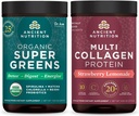 Ancient Nutrition Organic Supergreens Powder, Greens Flavor, 25 Servings + Multicolagen Protein Powder, Strawberry Lemonade, 24 Servings