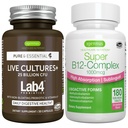 Živé kultúry+ Lab4 Probiotiká + Super B12 Complex, Vegan Bundle, 25 miliárd CFU Lactobacillus Acidophilus a Bifidobacterium + Vysoká absorpcia Sublingválna B12, podľa Igennus