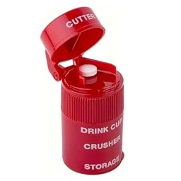 EZY DOSE 3 Compartment Pill Crusher, Cutter a Grinder, Denné použitie, Bezpečne Cut Pills, Vitamíny, Tablety, Presné a jednoduché rezanie, Nerezová oceľ čepeľ, Odnímateľný pohár nápojov, červená, BPA zadarmo