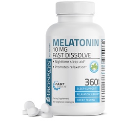 Bronson Melatonín 10 MG Tablety s rýchlym rozpustením mäty piepornej, podporuje relaxáciu, 360 Chewable Vegetariánskych Lozengov