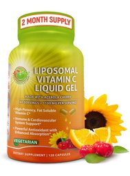 Lipozomálne vitamín C Tekuté gélové kapsule - 1100 mg - Vyrobené z organických acerolových čerešní, s vysokou potenciou Vitamín C Lipozomálne Imunitné príslušenstvo s posilnenou absorpciou a biodostupnosťou - 120 počet