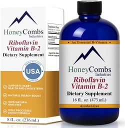 HoneyCombs Vitamín B2 Riboflavín Supplement Tekuté kvapky - vysoká potencia Vitamín B2 pre mužov a ženy - Udržujte zdravé trávenie, nervový systém, vlasy, koža, nechty - Vegan Tekuté vitamíny (16 Fl oz)