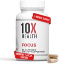 10X Health Focus Rhodiola Rosea - Brain Doplnky pre pamäť a zaostrenie - 60 Kapsule Focus Supplement, Pamäťový doplnok pre zdravie mozgu s Ginkgo Biloba, Huperzine A - Ginkgo Biloba Kapsule