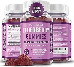 Čisto optimálne bazové Gumičky - Imunitná podpora Supplement with Vitamin C & Zinc, Organic Black Elderberry Extract, Vegan, Non-GMO, Gluten-Free, 60 Count