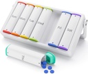 Týždenný pilulky Organizátor 2 Časy denne, KOV NNN veľké cestovné pilulky box 7 deň, Am Pm dvakrát denne pilulky Prípad s rotačnou rukoväťou, Pill Holder Kontajner pre vitamín, Medicína, Supplement, Rybí olej, biela