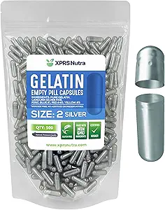XPRS Nutra Veľkosť 2 prázdne kapsuly - 500 Počet prázdnych želatíny Kapsule - Tabletky DIY Kapsule Plnenie - Pure Bovine Pill Gel Caps pre Do-It-Svoje vlastné doplnky (Silver)