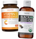 Bundle Black Seed Oil Tekutý a vitamín C - Immune Fusion Booster Balenie - Organické Black Seed Oil Tekutý (8fl oz) Premium Cold-Pressed Nigella Sativa & Vitamín C Immune Support (Non-GMO)(60 Kapsule)