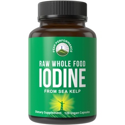 Raw Whole Food Iodine Supplement from Organic Kelp (Ascophyllum Nodosum) by Peak Performance. Tablety na podporu jódu draslíka pre metabolizmus, energiu a imunitu. 120 vegánskych kapsúl, tabletky.