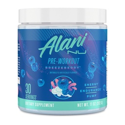 Alani Nu Pre Workout Powder BREEZEBERRY, Amino Energy Boost, Endurance Supplement, Free Supplement, 200 mg kofeínu, L-Theanine, Beta-Alanine, L-Citrulline, 30 Servings