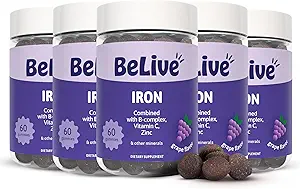 BeLive Železo Gumies - Multivitamínové Železo Supplement s vitamínom C, A, B a zinok, podporuje krvný kyslík, Vegánske doplnky pre ženy, Muži a deti pre rast a rozvoj - Hroznová aróma 
