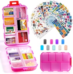 14 Grids Travel pilulky Organizátor box s 415-Pcs Názov lieku Etikety - Pocket Daily Pharmacy Case Kontajnerová súprava - Travel Medikation Holder Dispenser for Fish Oil Vitamín Supplement Storage - Clear Pink