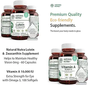 Natural Nutra Lutein and Zeaxantin Supplement Soy Free, 20mg - 60 Kapsule a vitamín A 10 000 IU, pomáha udržiavať zdravú víziu s Omega 3, 100 Gluten Free Softgels