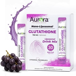 Aurora Nutrascience Nano-Lipozomal Glutatión, Grape Powdered Drink Mix Immune & Antioxidant Gut Suplement Health Suplement, 750 mg per Serving, non-GMO, bez cukru, 30 Single Serve Pakets