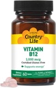 Country Life Vitamín B12 Supplement - Essential for Brain Function, Nerve Health, Red Blood Cells - Ideálne pre prevenciu anémie - Vegánsky vitamín B, 1000 μg - bez lepku, 60 tabliet