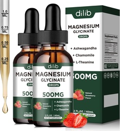 Magnézium Glycinate Liquid Drops Supplement, with Magnézium Glycinate 500mg Ashwagandha, L - Theanine, Chamomile -Podpora Relief stresu, kosti, svalovina, Mood Strawberry Flavor 2Pack