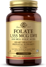 Solgar Folát 1,333 mcg DFE (kyselina listová 800 mcg) - 250 tabliet - Prenatálna podpora - Non-GMO, Vegan, Gluten Free, Dairy Free, Kosher - 250 Servings