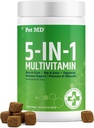 Pet MD 5in1 pes Multivitamín - 30 esenciálne vitamíny, minerály a živiny pre kožu a kožu, Hip & Joint, Trvanlivosť, starší pes a šteňa Vitamíny - glukozamín, Omega 3 6 9, & Probiotiká - 60ct
