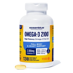 Oceanblue Professional Triple Strength Omega DPA Fish Oil Supplements 2100mg, High Potency EPA DHA, Wild Caught, Burpless, 69 Servings (138 gróf Natural Orange Flavor)