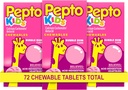 Pepto Detské žuvacie tablety na pálenie záhy, kyslé poruchy trávenia, kalivý žalúdok a žalúdočné ťažkosti, Bubblegum Flavor, 72 celkom (3 balenia po 24)